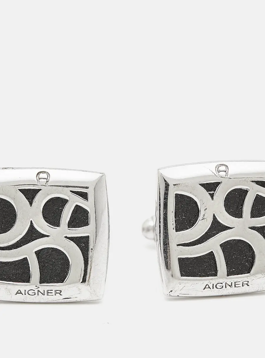 Aigner Logo Leather Silver Tone Cufflinks