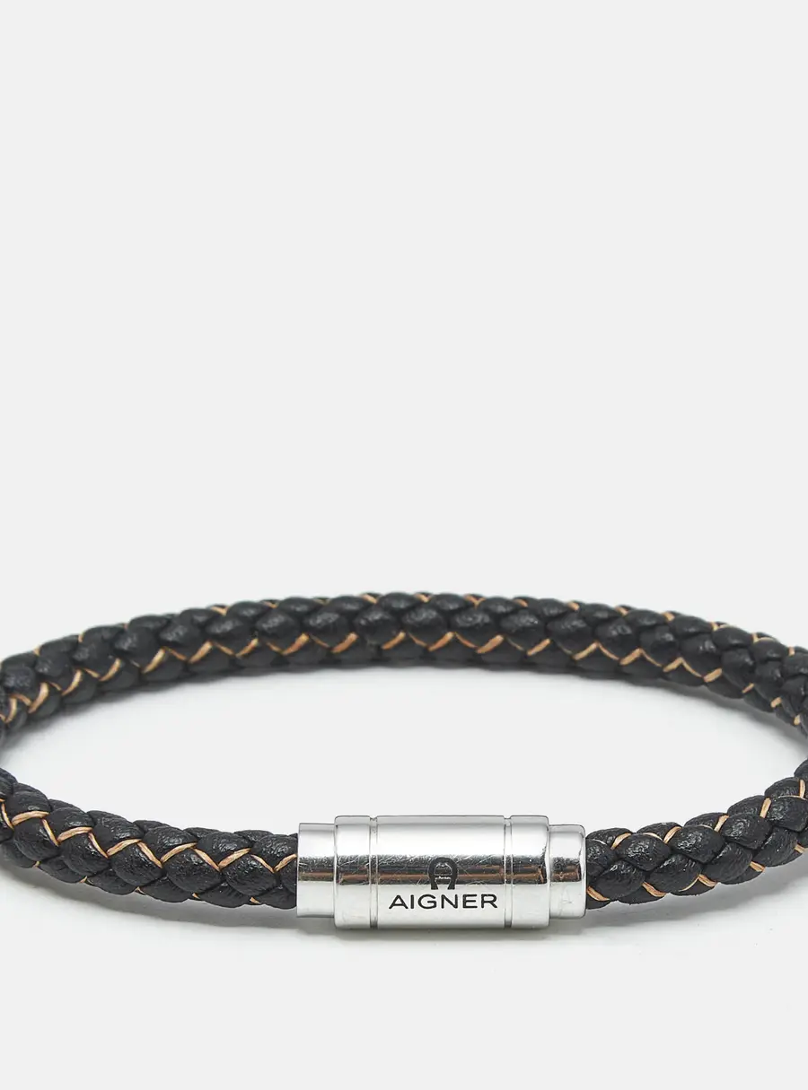 Aigner Braided Leather Silver Tone Bracelet