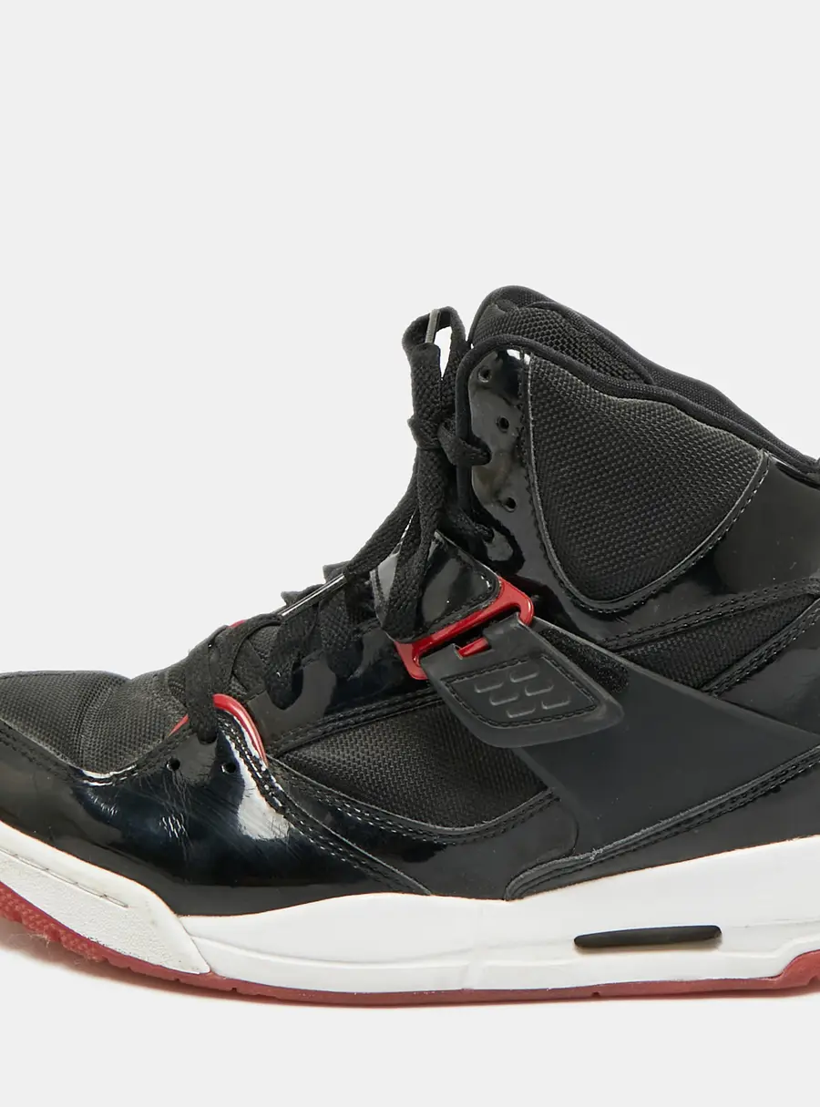 Air Jordans Flight 45 Size 41 Black Fabric and Patent Leather High Top Sneakers