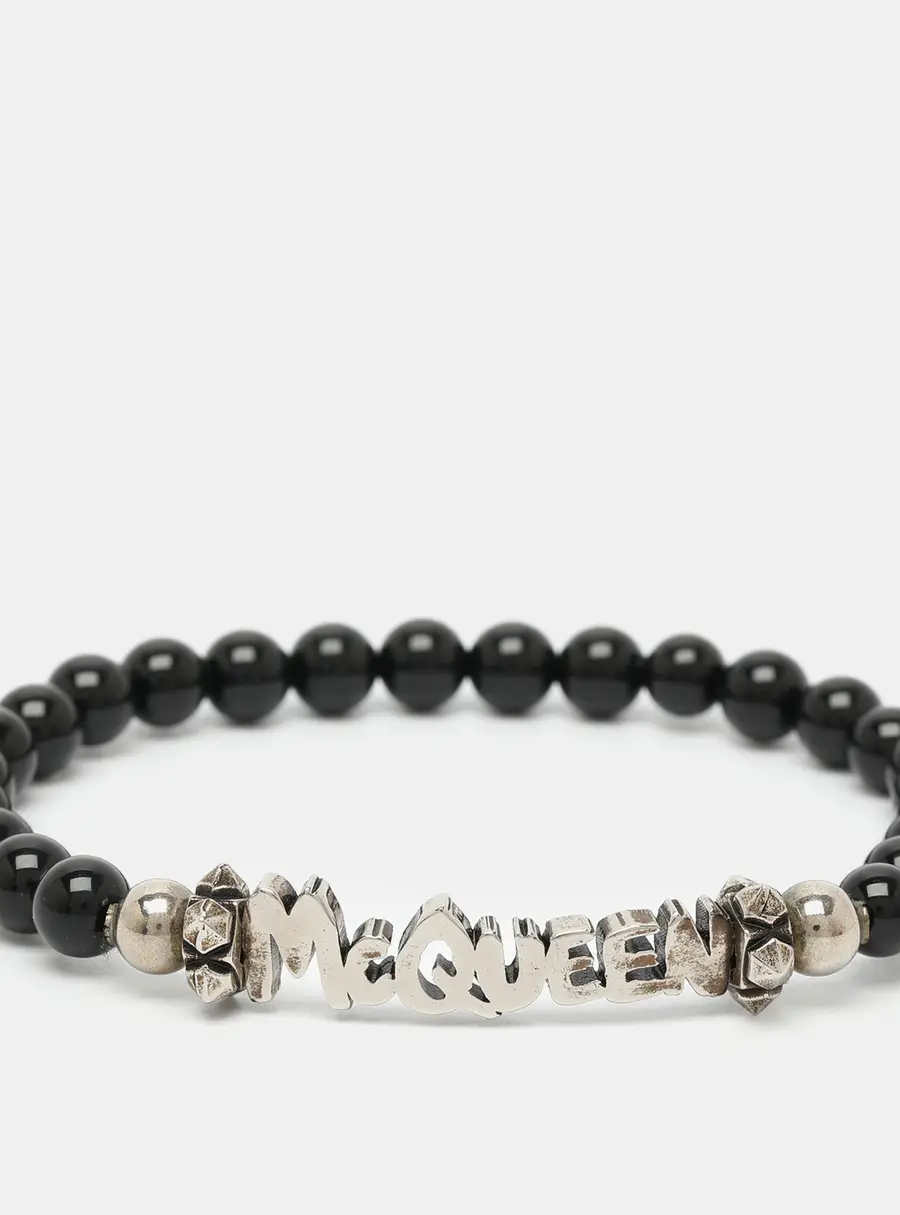 Alexander McQueen Black Silver Tone Logo Beaded Bracelet