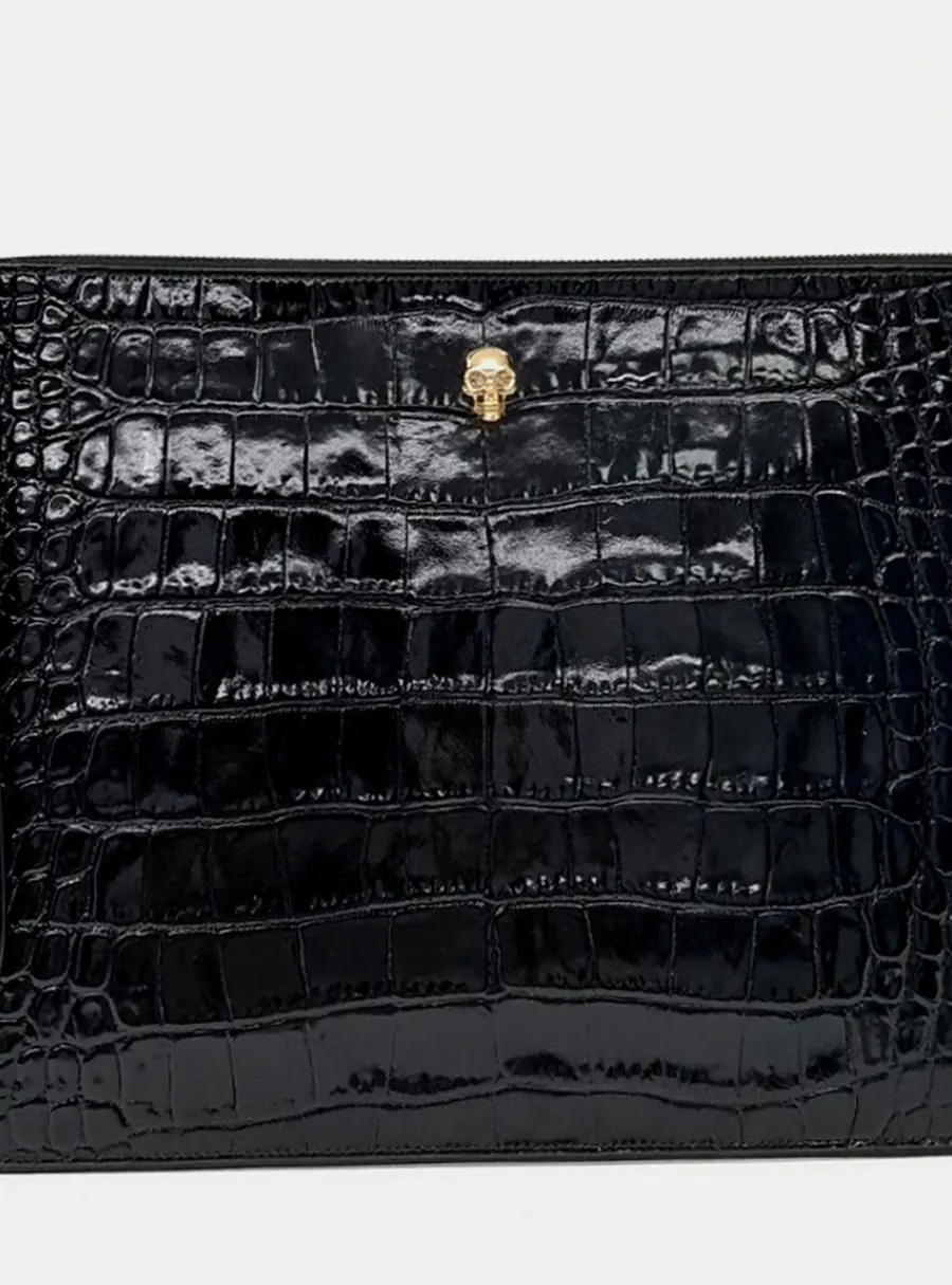 Alexander McQueen Skull Black Embossed Leather Pouch Bag