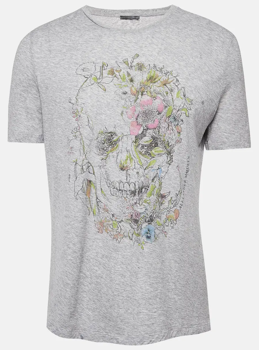 Alexander McQueen Grey Floral Print Jersey T-Shirt XS