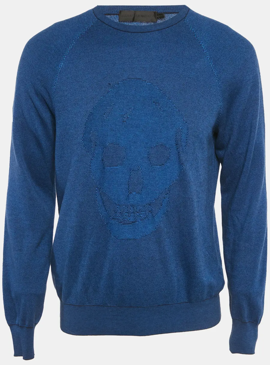 Alexander McQueen Blue 3D Skull Embossed Cotton Knit Sweater L