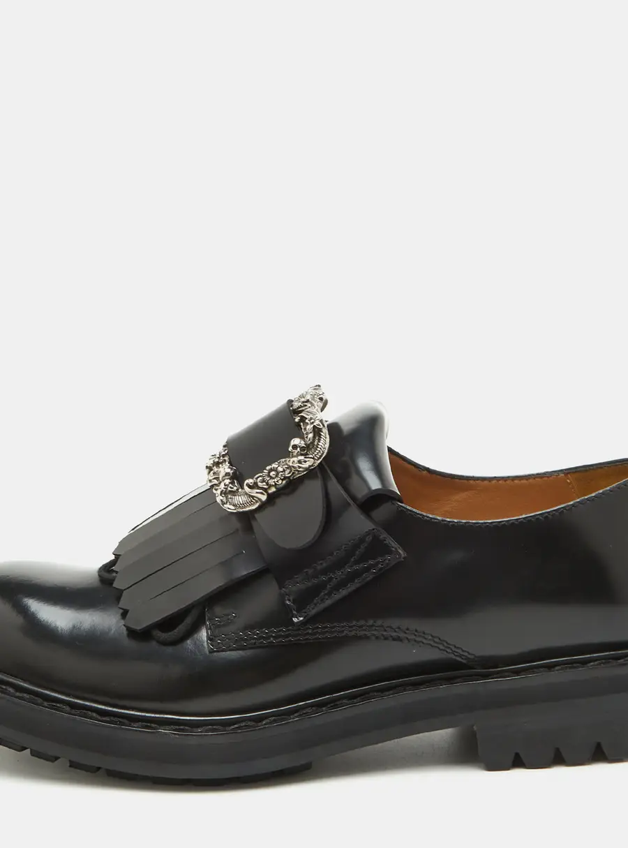 Alexander McQueen Size 42 Black Leather Buckle Fringe Derby