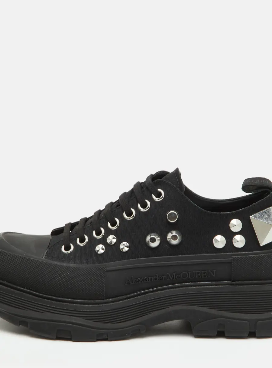 Alexander McQueen Tread Slick Size 44 Black Canvas Studded Low Top Sneakers