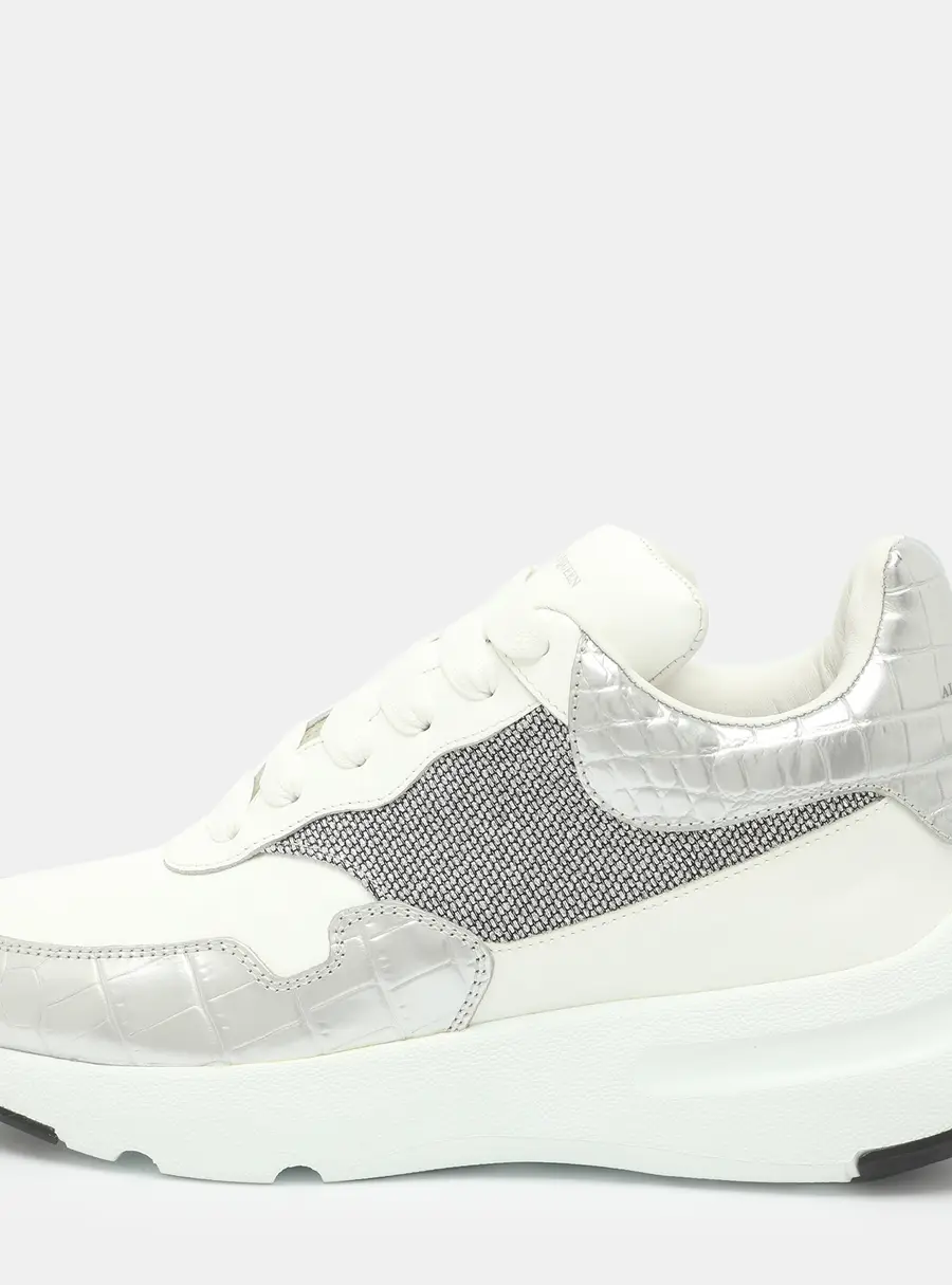 Alexander McQueen Oversized Runner Size 41 White Croc Embossed Leather and Lame Fabric and Leather Lace Up Sneakers