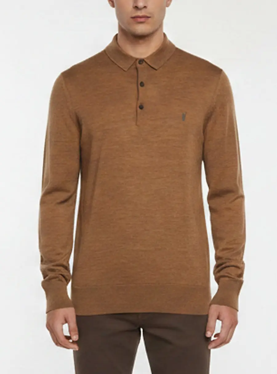 All Saints Brown Logo Embroidered Wool Knit Polo Pullover M