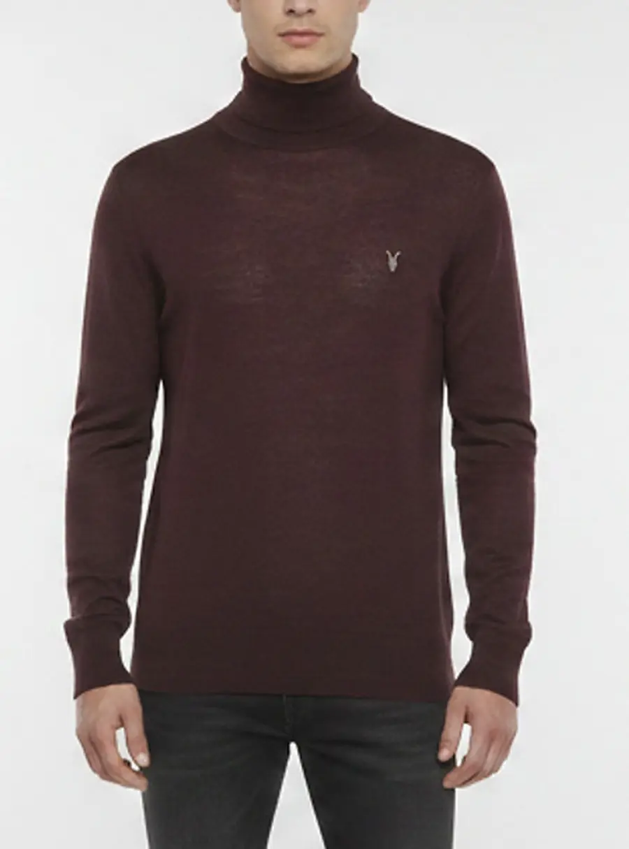 All Saints Burgundy Wool Knit Mode Merino Roll Neck Jumper M