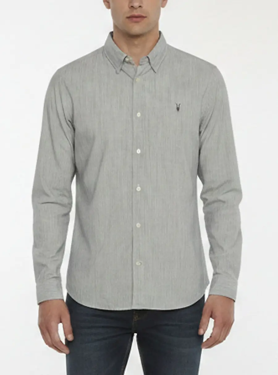 All Saints Grey Striped Logo Embroidered Cotton Bedford Shirt M