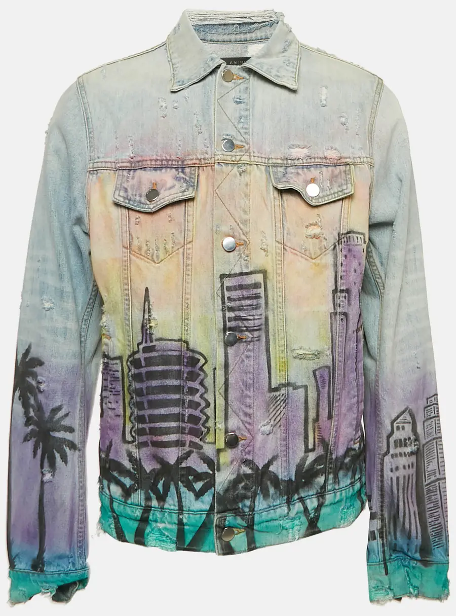 Amiri Blue Printed Denim Button Front Distressed Jacket XL