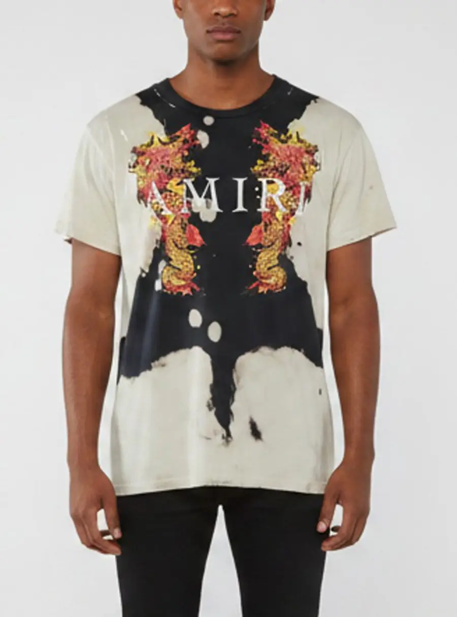 Amiri Beige/Black Watercolor Dragon Distressed Jersey T-Shirt M