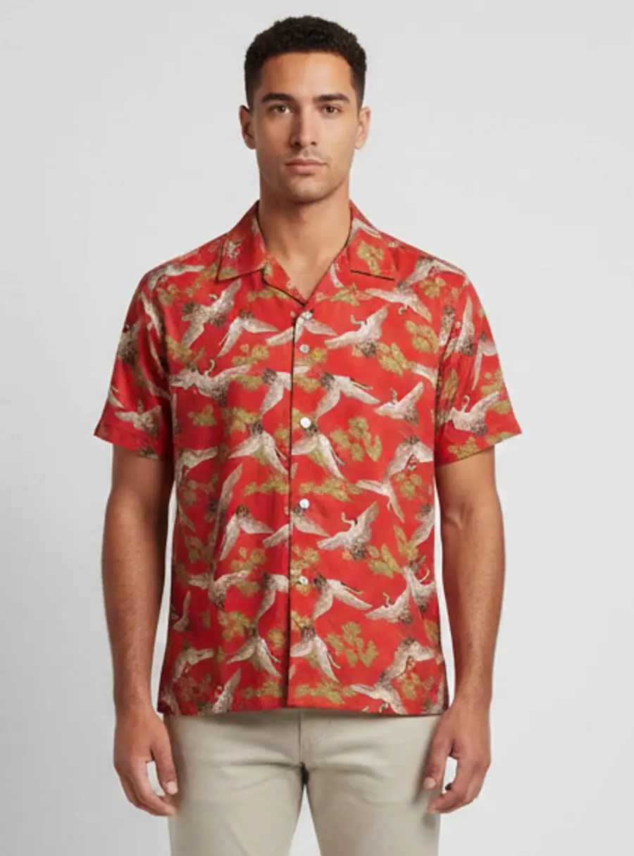 Amiri Brick Red Crane Print Silk Short Sleeve Shirt S