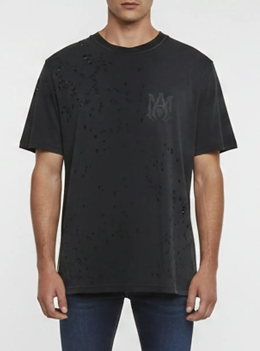 Amiri Black Logo Print Cotton Distressed T-Shirt M
