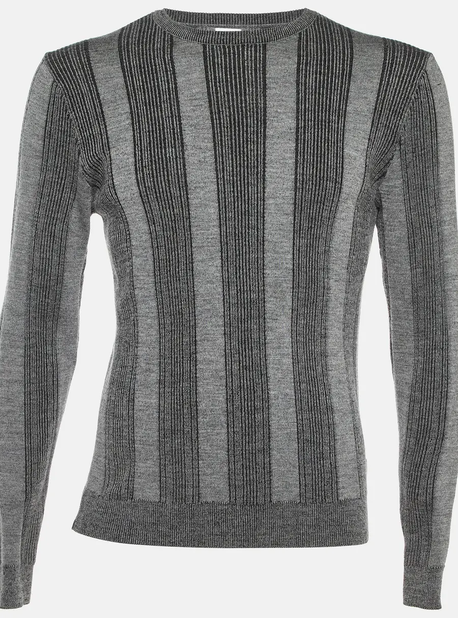 Armani Collezioni Grey Striped Wool Knit Sweater M