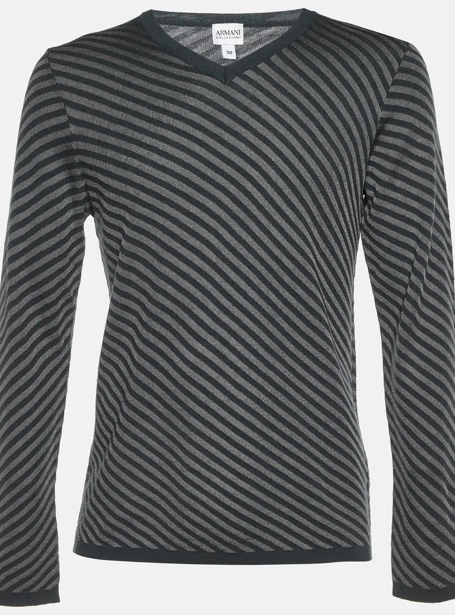 Armani Collezioni Grey Diagonal Striped Wool V-Neck Jumper L