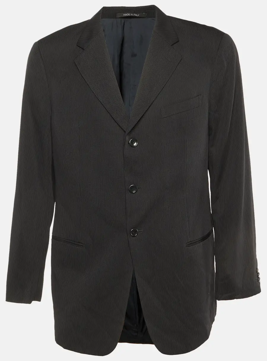 Armani Collezioni Black Pinstripe Wool Button Front Blazer XXL