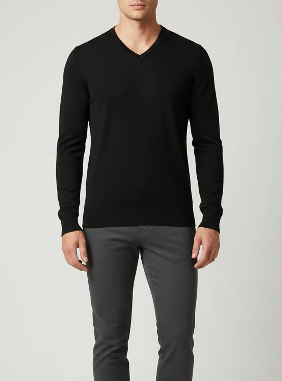 Armani Collezioni Black Wool Knit V-Neck Pullover M