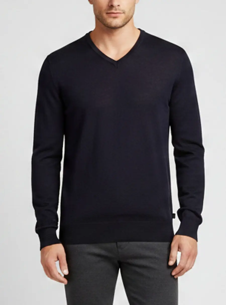 Armani Collezioni Navy Blue Wool Knit V-Neck Pullover M
