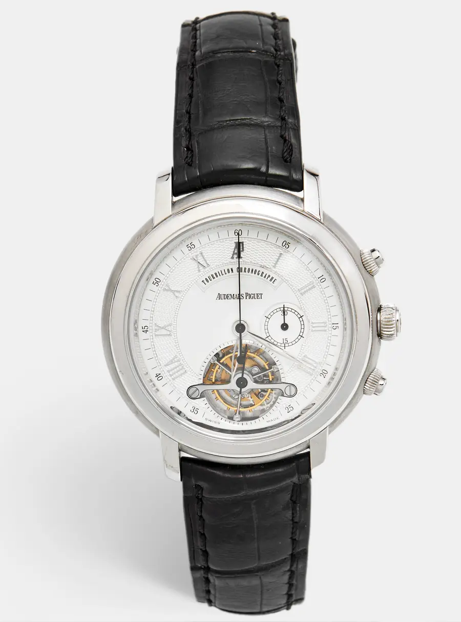 Audemars Piguet Jules Audemars Tourbillon Chronograph 25909BA.00.D002CR.03 Silver Dial 18K White Gold Crocodile Leather Men's Wristwatch 43 mm
