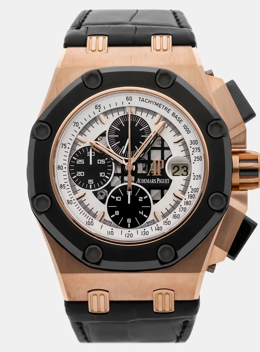 Audemars Piguet Royal Oak Offshore Rubens Barrichello Limited Edition Chronograph 26078RO.OO.D002CR.01 Black/White 18k Rose Gold Automatic Men's Wristwatch 44mm