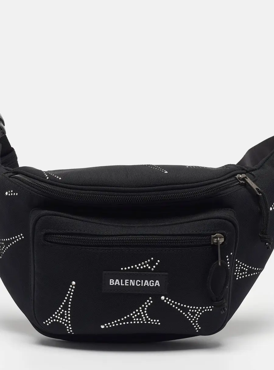 Balenciaga  Eiffel Tower Crystal Embellished Explorer Black Nylon Belt Bag