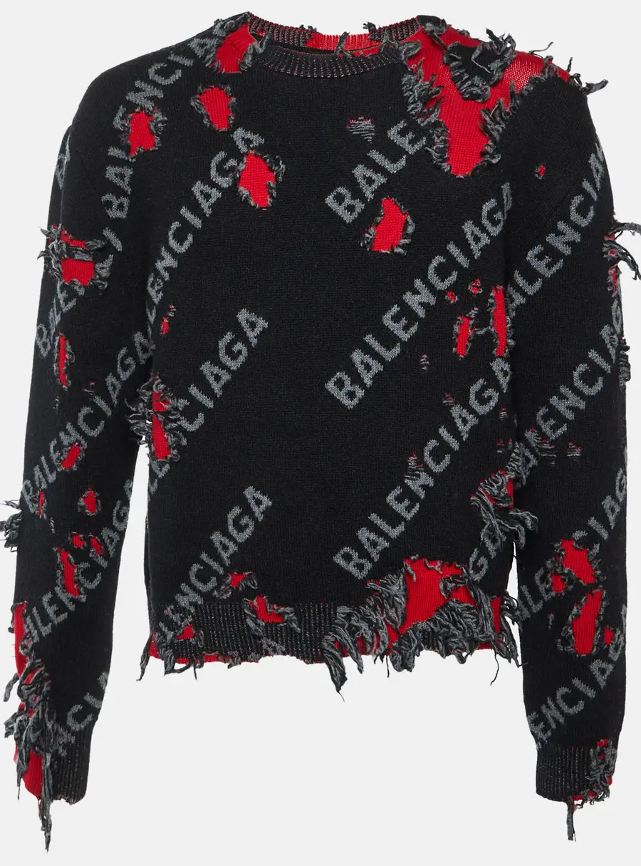 Balenciaga Unifit Black/Red Monogram Frayed Wool Knit Sweater M