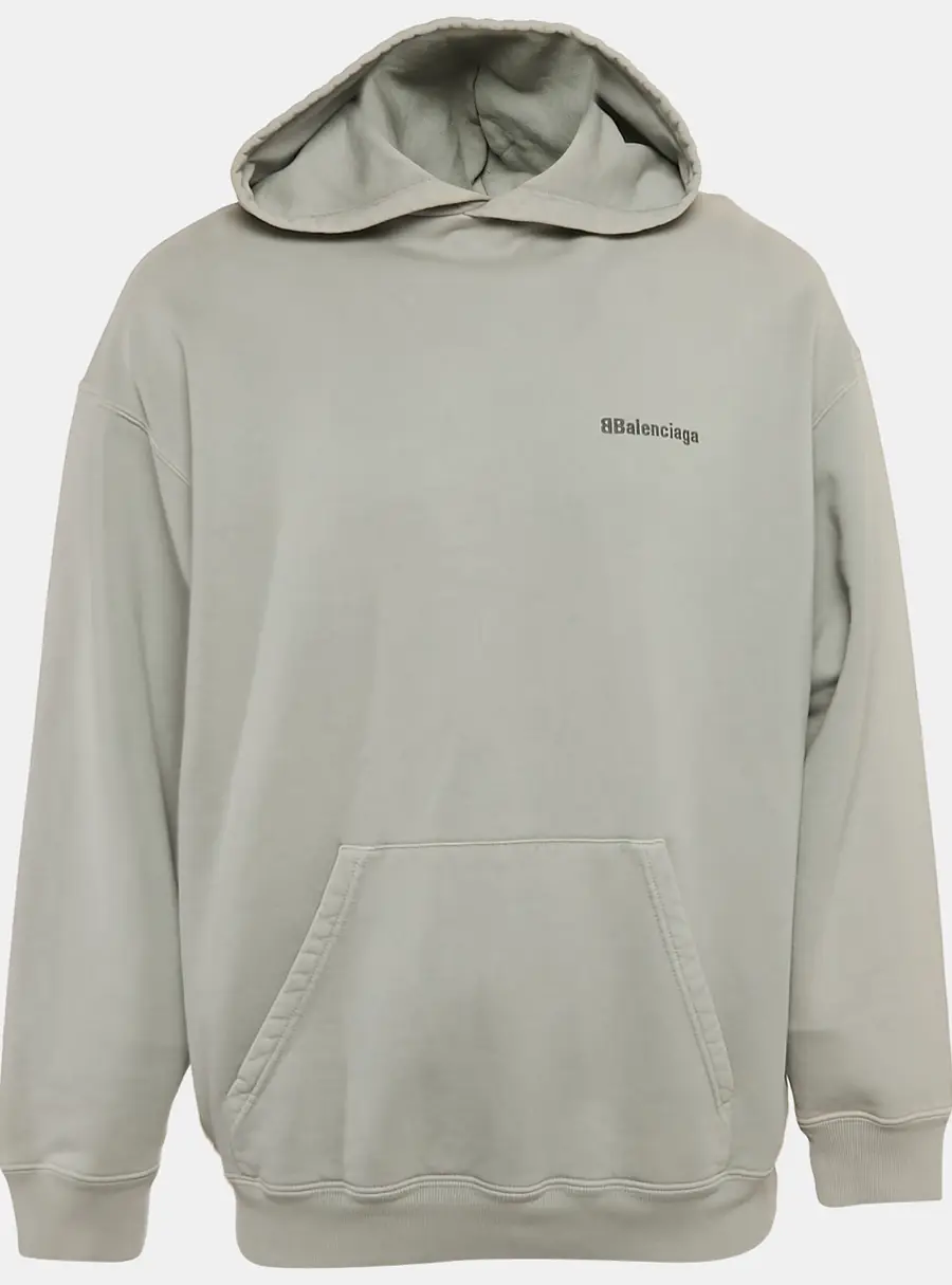 Balenciaga Grey Logo Embroidered Cotton Hoodie M