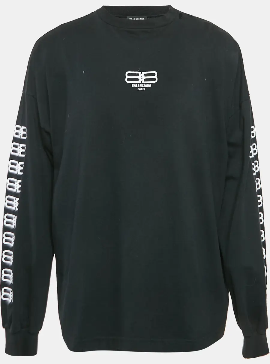 Balenciaga Black Logo Embroidered Cotton Distressed Long Sleeve T-Shirt L