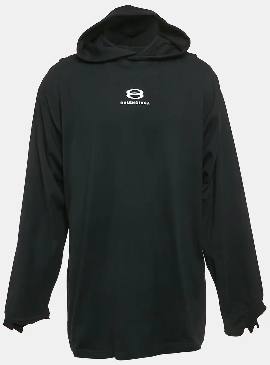 Balenciaga Black Logo Embroidery Cotton Knit Oversized Hoodie M