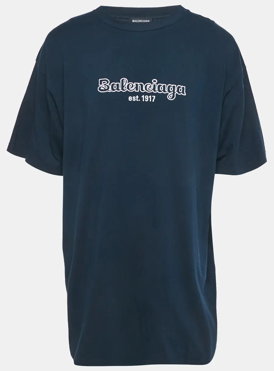 Balenciaga Navy Blue Logo Embroidered Cotton T-Shirt XS