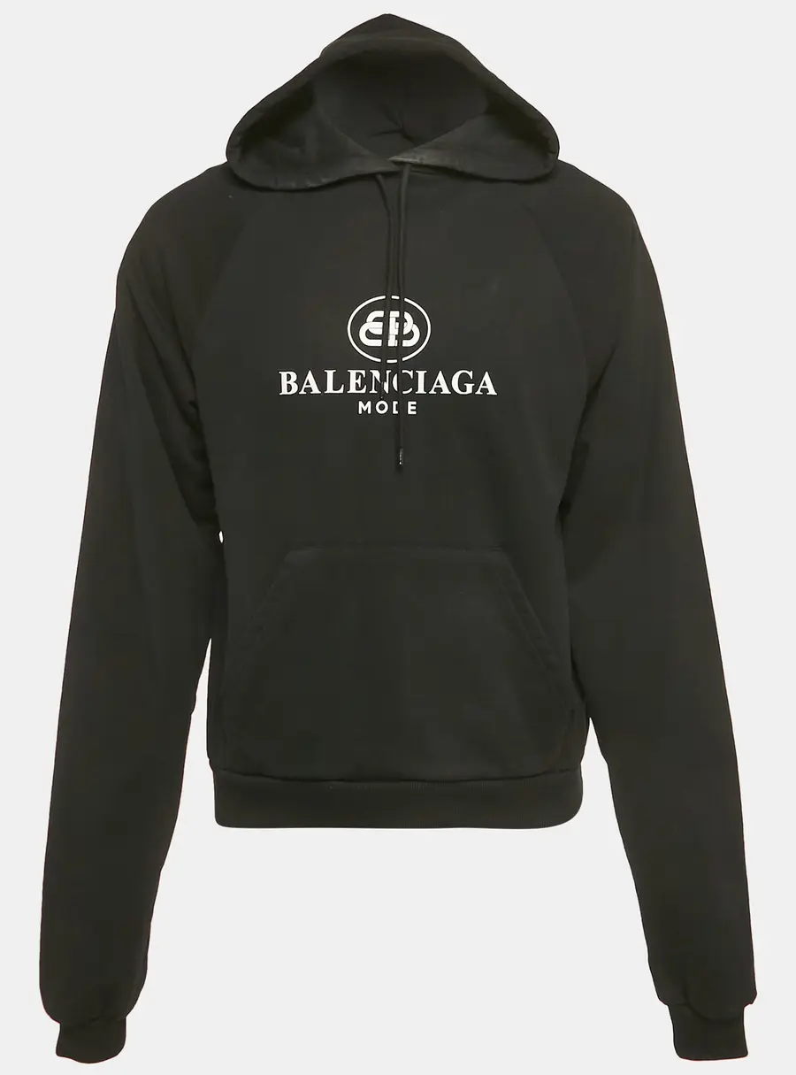 Balenciaga Black Logo Print Cotton Hoodie XS