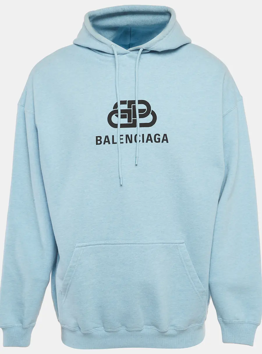 Balenciaga Blue Logo Print Cotton Hoodie S