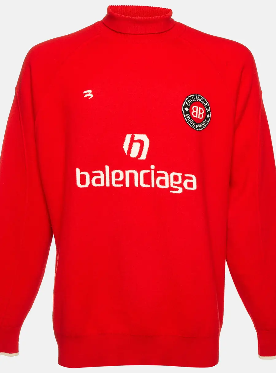 Balenciaga Red Logo Intarsia Knit Soccer Turtleneck Sweater M