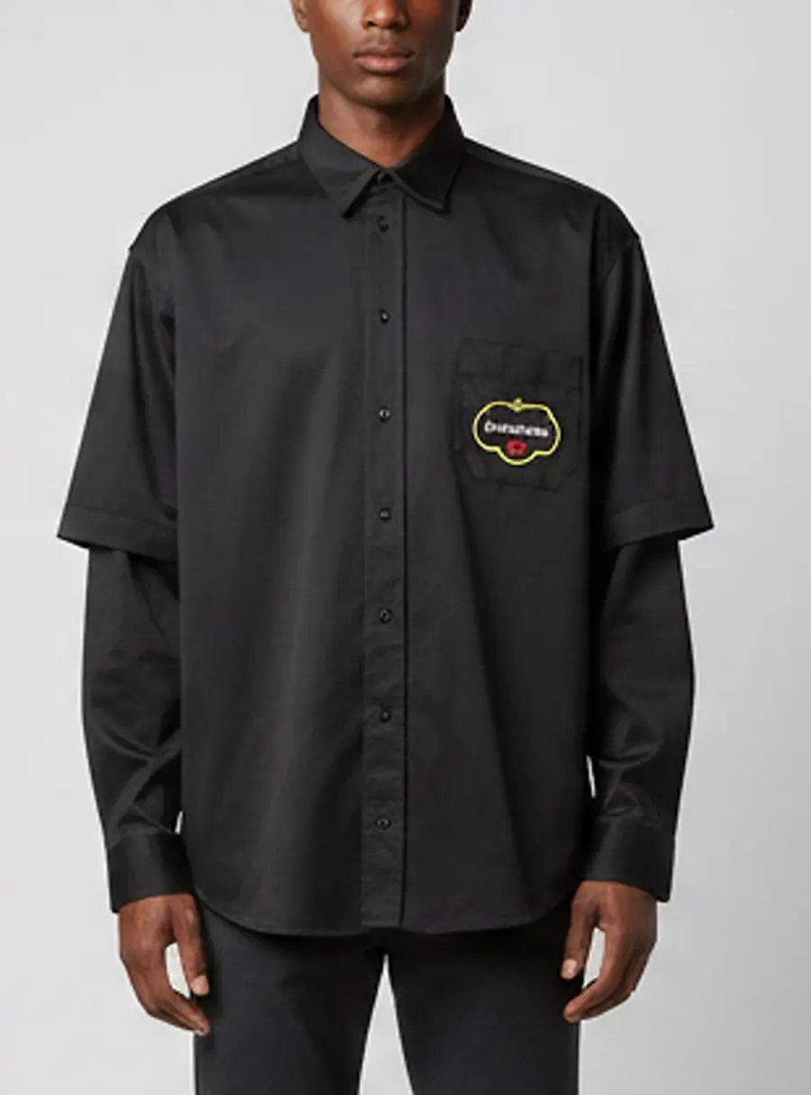 Balenciaga Black Logo Embroidered Gabardine Double Sleeve Shirt M