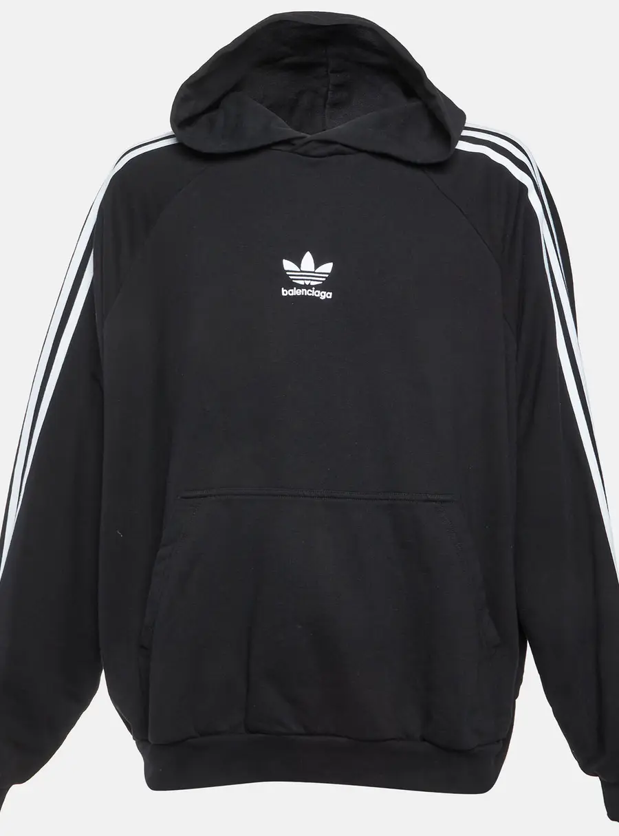 Balenciaga x Adidas Black Logo Embroidered Cotton Large-Fit Hoodie L