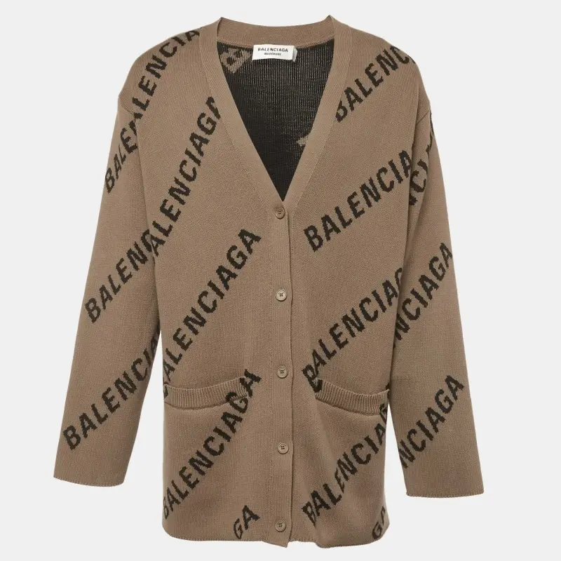 Balenciaga Brown Logo Intarsia Knit Oversized Cardigan M
