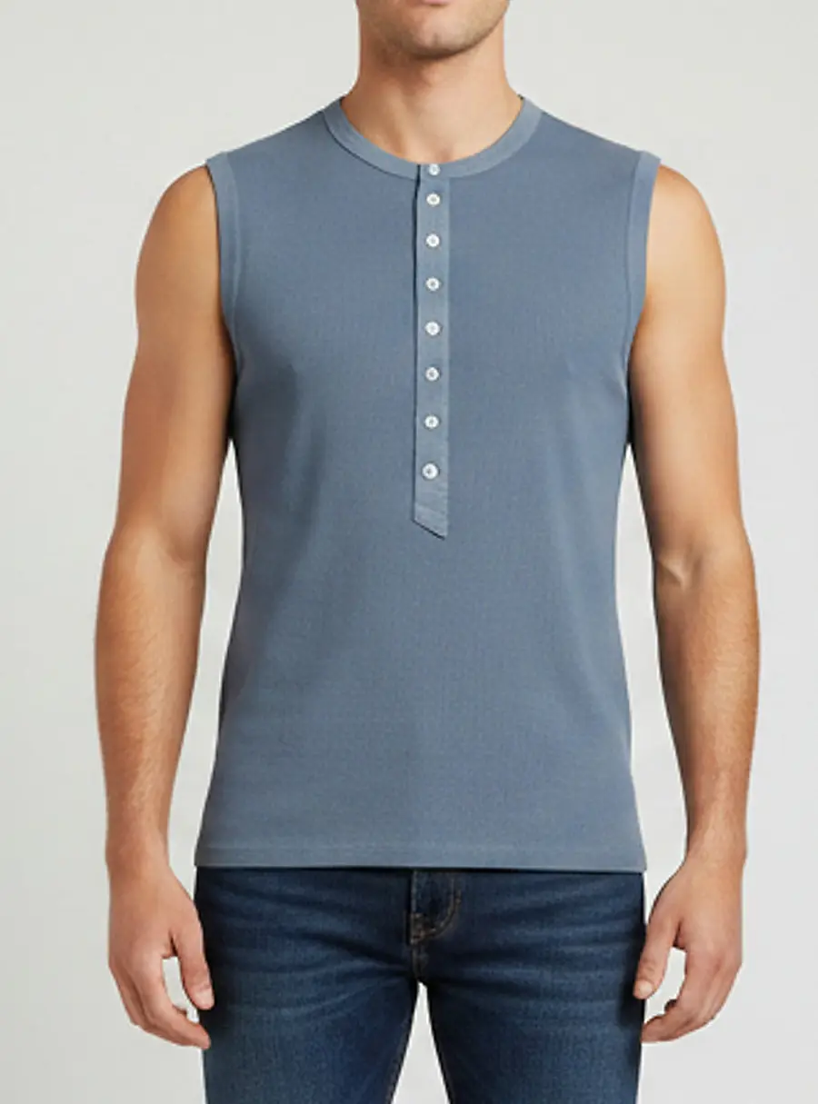 Balenciaga Blue Jersey Sleeveless Henley Tank Top XL