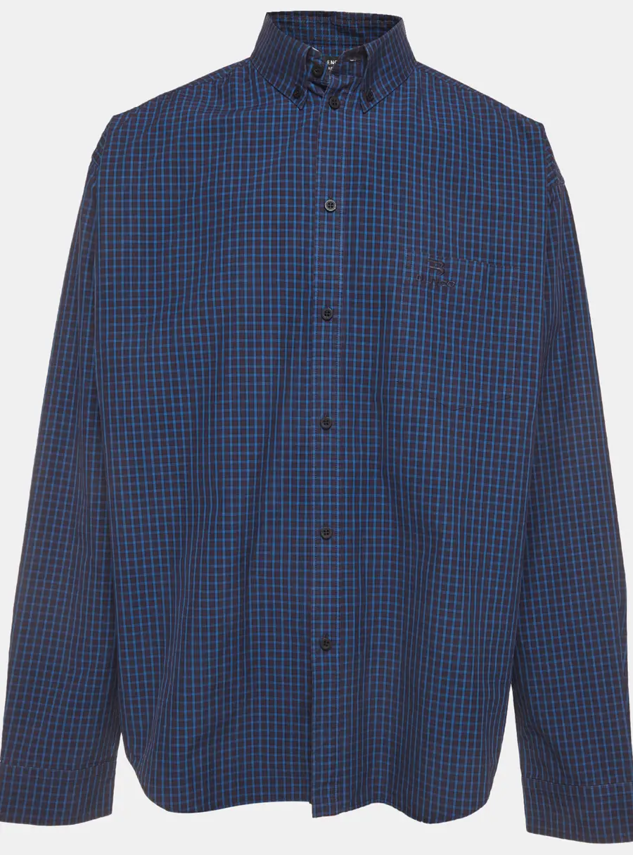 Balenciaga Unisex Navy Blue Plaid Cotton Button Down Shirt M