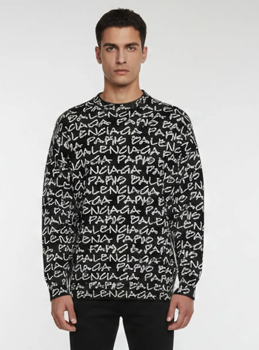 Balenciaga All-Over Logo Print Wool Intarsia Knit Crewneck Sweater S