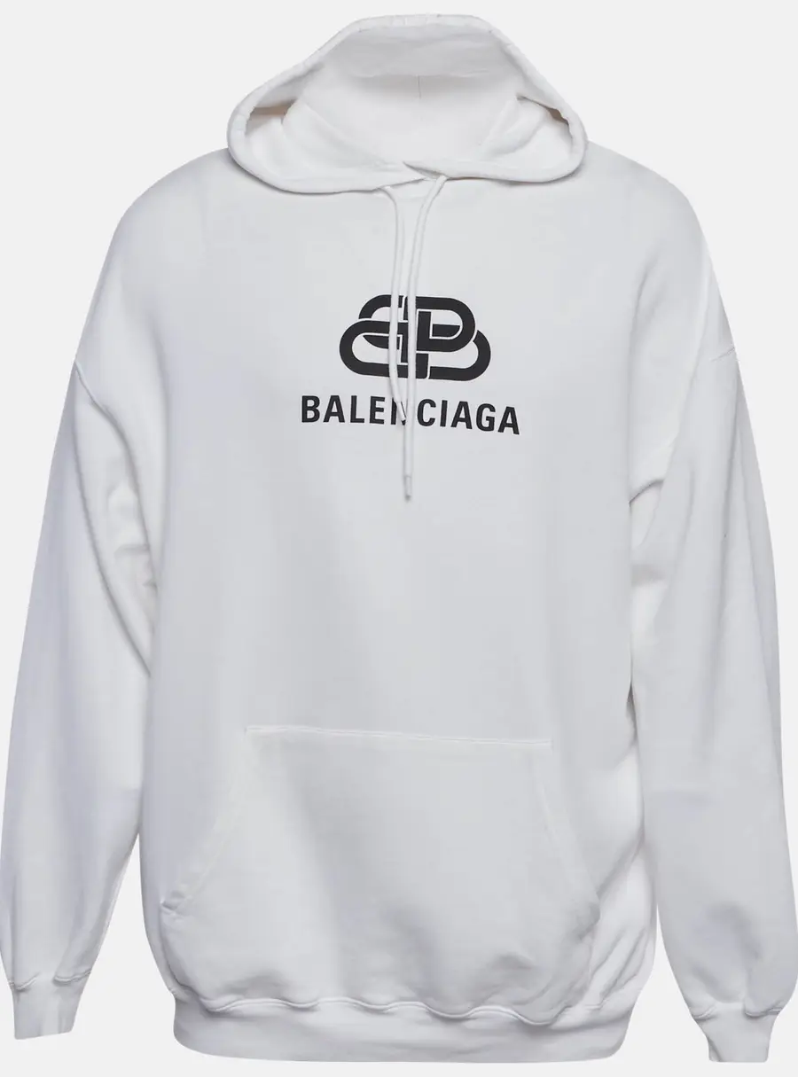Balenciaga White Logo Print Cotton Oversized Hoodie S