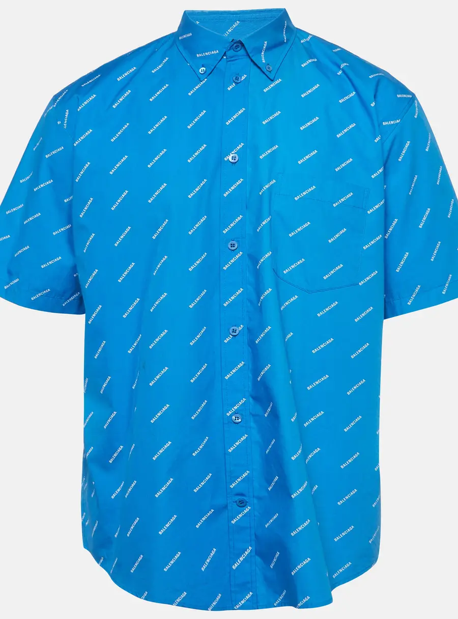 Balenciaga Blue Logo Print Poplin Short Sleeve Shirt M
