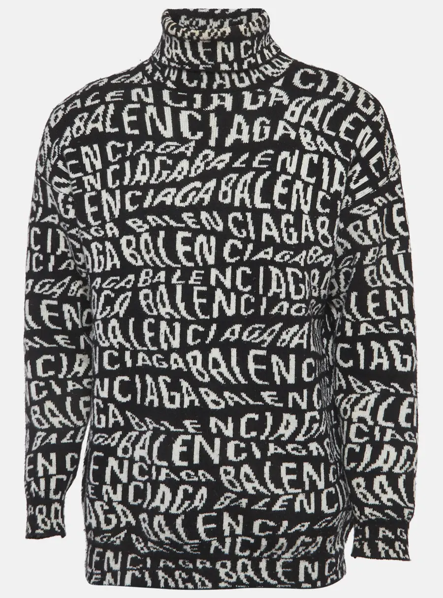 Balenciaga Black/White Logo Wave Knit Turtleneck Sweater XS