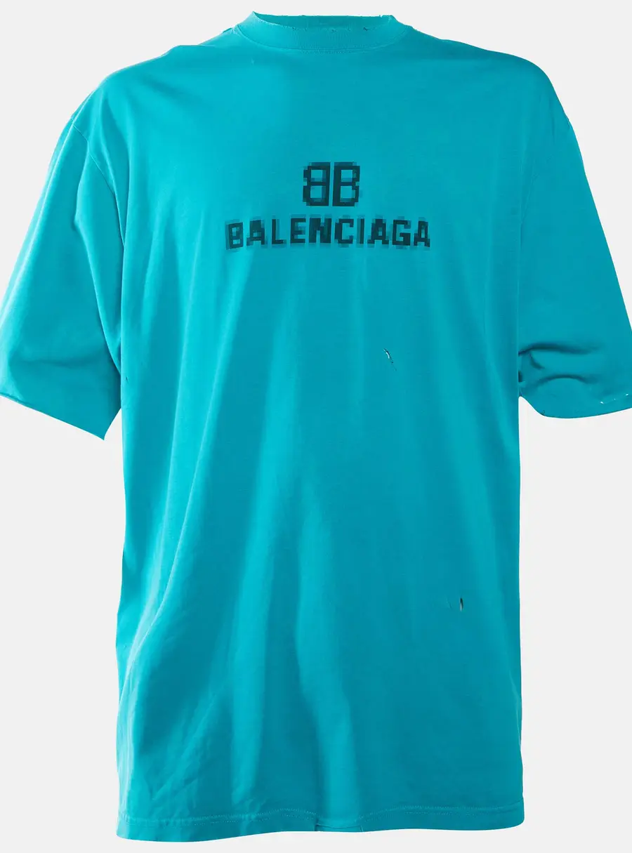 Balenciaga Unifit Blue Logo Print Jersey Ripped Oversized T-Shirt S