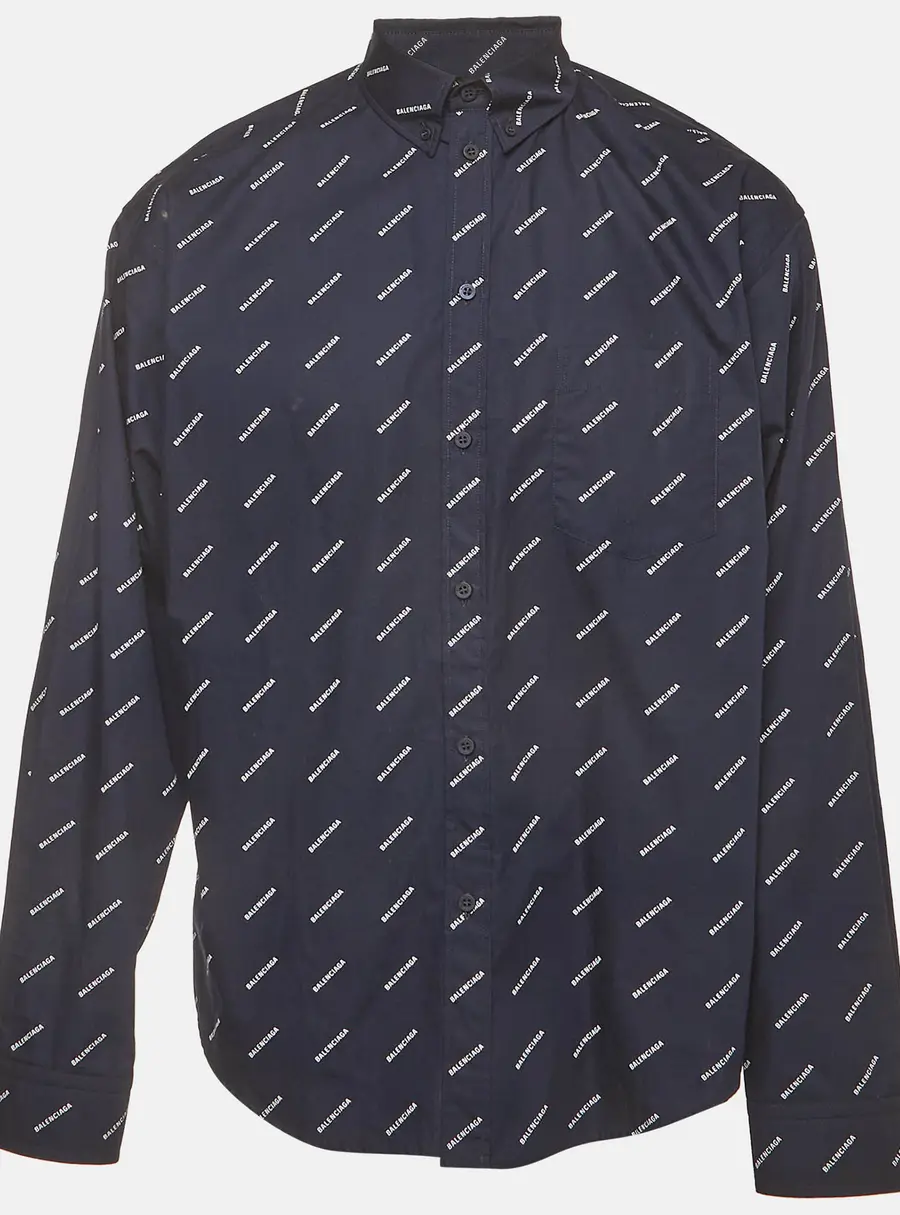 Balenciaga Blue Logo All Over Cotton Oversized Shirt S