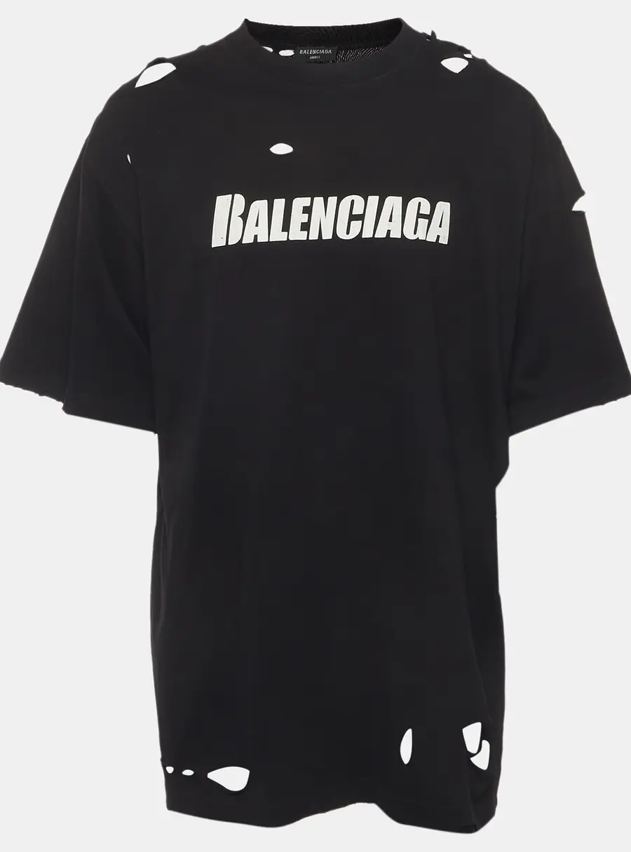 Balenciaga Unifit Black Jersey Caps Destroyed Flatground T-Shirt S
