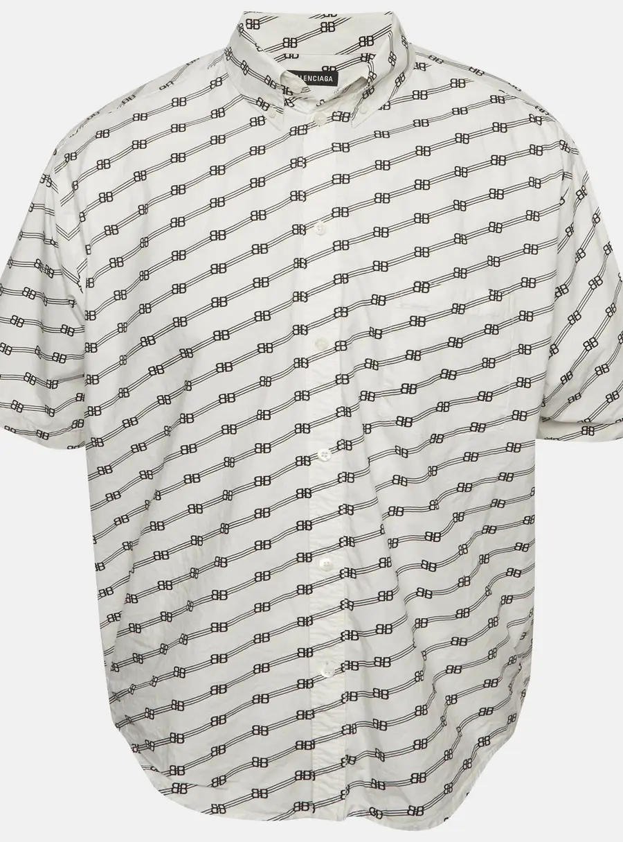Balenciaga White Monogram Cotton Short Sleeve Shirt XS