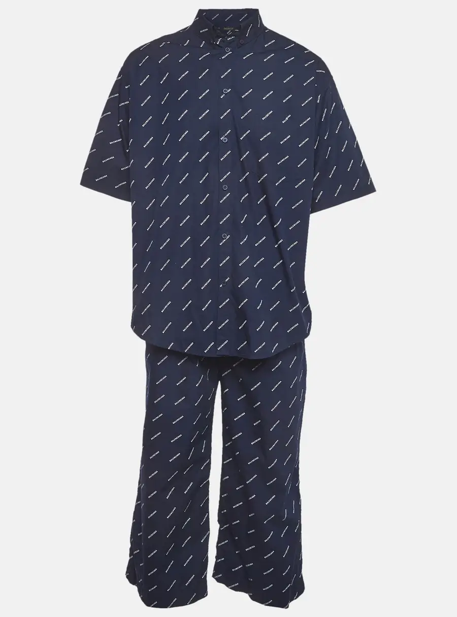Balenciaga Navy Blue Logo Print Cotton Pyjama Set M/L