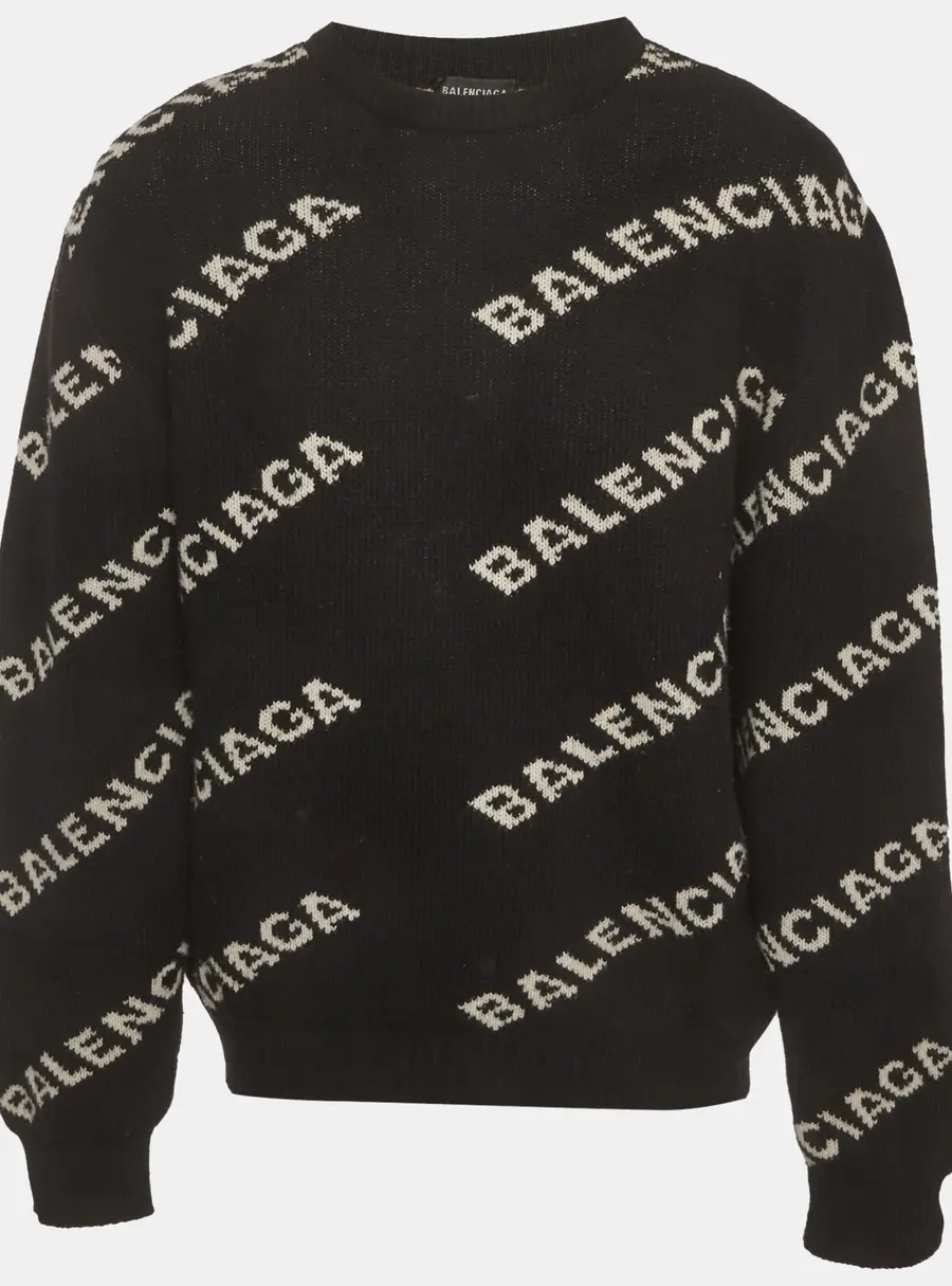 Balenciaga Black Logo All Over Wool Knit Sweater XL