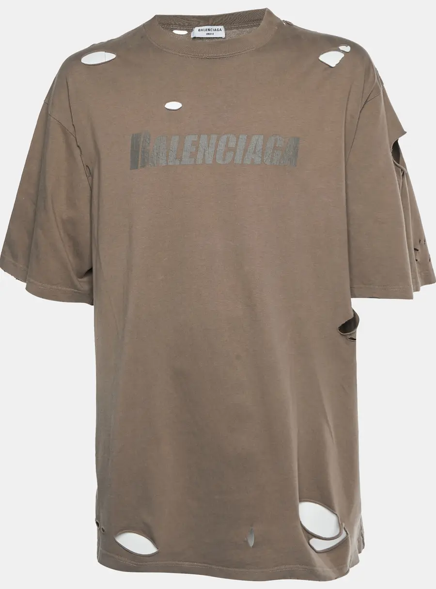 Balenciaga Brown Logo Graphic Distressed Jersey T-shirt M