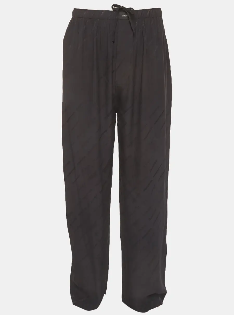 Balenciaga Navy Blue Logo Jacquard Silk Trousers M